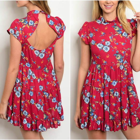 Dresses & Skirts - Red Floral Babydoll Mini Dress